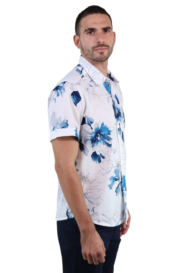 Camisa Estampado Floral Azul Manga Corta De Algodón Para Hombre